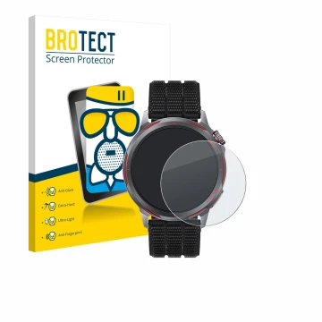 Face avant d’un emballage produit avec le logo de la marque BROTECT. À côté, l’appareil Huawei Watch GT Runner 2 est représent