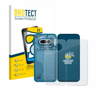 Face avant d’un emballage produit avec le logo de la marque BROTECT. À côté, l’appareil Nothing Phone (4a) (Avant+Arrière) est