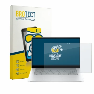 Face avant d’un emballage produit avec le logo de la marque BROTECT. À côté, l’appareil HP OmniBook X 17-de0776ngx est représe