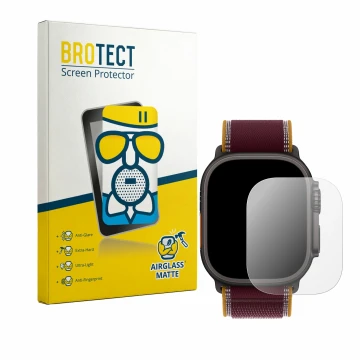 Face avant d’un emballage produit avec le logo de la marque BROTECT. À côté, l’appareil Apple Watch Ultra 4 (49 mm) est représ