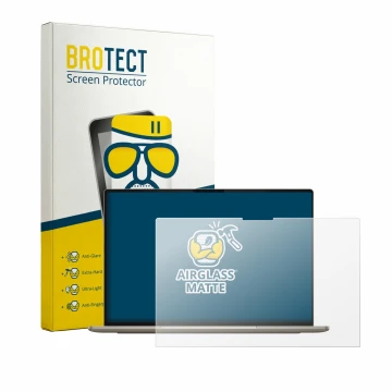 Face avant d’un emballage produit avec le logo de la marque BROTECT. À côté, l’appareil Dell XPS Googlebook est représenté ave