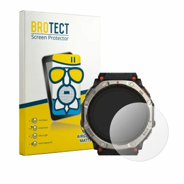 Face avant d’un emballage produit avec le logo de la marque BROTECT. À côté, l’appareil Huami Amazfit T-Rex Dual Solar est rep