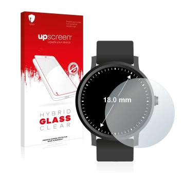 Face avant d’un emballage produit avec le logo de la marque upscreen. À côté, l’appareil Montres (Circulaire, ø: 18 mm) est re