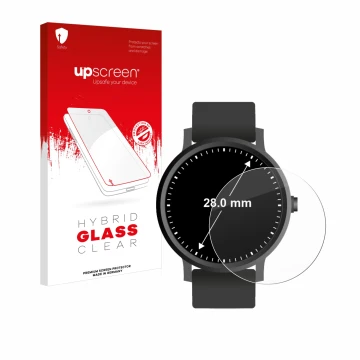 Face avant d’un emballage produit avec le logo de la marque upscreen. À côté, l’appareil Montres (Circulaire, ø: 28 mm) est re