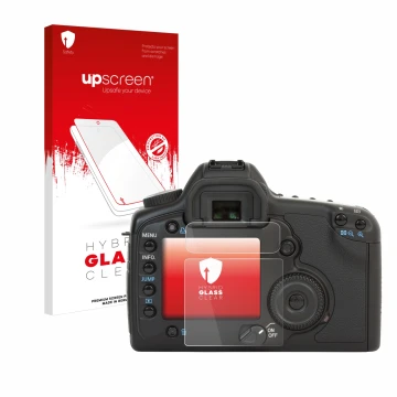 Face avant d’un emballage produit avec le logo de la marque upscreen. À côté, l’appareil Canon EOS 5D est représenté avec la p