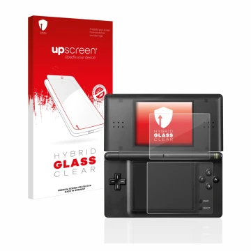 Face avant d’un emballage produit avec le logo de la marque upscreen. À côté, l’appareil Nintendo DS LITE est représenté avec 
