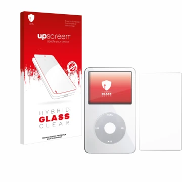 Face avant d’un emballage produit avec le logo de la marque upscreen. À côté, l’appareil Apple iPod Classic Video (Avant+Arriè