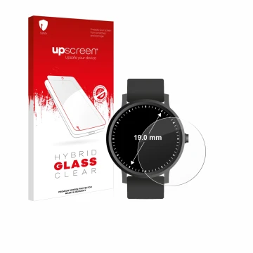 Face avant d’un emballage produit avec le logo de la marque upscreen. À côté, l’appareil Montres (Circulaire, ø: 19 mm) est re