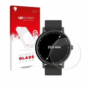 Face avant d’un emballage produit avec le logo de la marque upscreen. À côté, l’appareil Montres (Circulaire, ø: 25 mm) est re