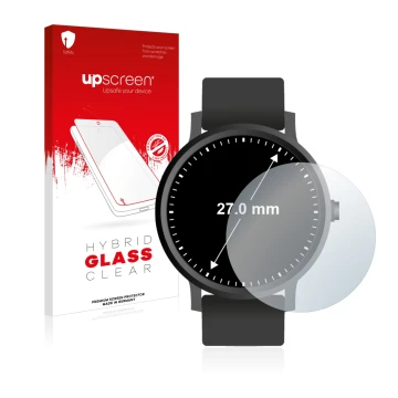 Face avant d’un emballage produit avec le logo de la marque upscreen. À côté, l’appareil Montres (Circulaire, ø: 27 mm) est re
