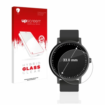 Face avant d’un emballage produit avec le logo de la marque upscreen. À côté, l’appareil Montres (Circulaire, ø: 33 mm) est re