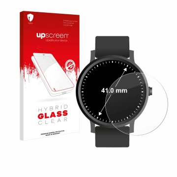 Face avant d’un emballage produit avec le logo de la marque upscreen. À côté, l’appareil Montres (Circulaire, ø: 41 mm) est re