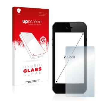Face avant d’un emballage produit avec le logo de la marque upscreen. À côté, l’appareil est représenté avec la protection d’é