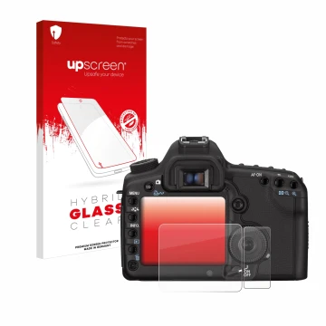 Face avant d’un emballage produit avec le logo de la marque upscreen. À côté, l’appareil Canon EOS 5D Mark II est représenté a