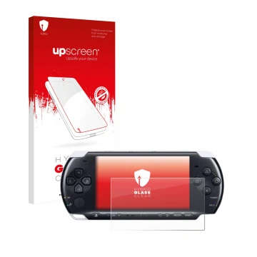 Face avant d’un emballage produit avec le logo de la marque upscreen. À côté, l’appareil Sony PSP 3000 est représenté avec la 