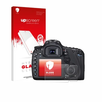 Face avant d’un emballage produit avec le logo de la marque upscreen. À côté, l’appareil Canon EOS 7D est représenté avec la p