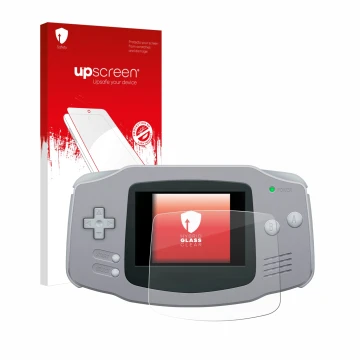 Face avant d’un emballage produit avec le logo de la marque upscreen. À côté, l’appareil Nintendo Gameboy Advance GBA est repr