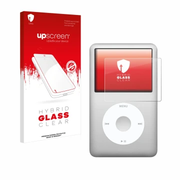 Face avant d’un emballage produit avec le logo de la marque upscreen. À côté, l’appareil Apple iPod classic 160 GB (7ème Gen.)