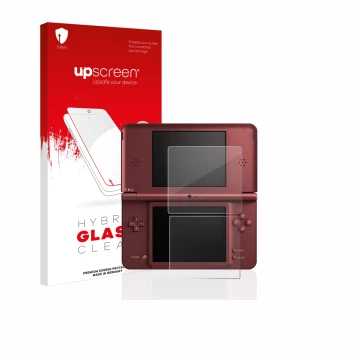 Face avant d’un emballage produit avec le logo de la marque upscreen. À côté, l’appareil Nintendo DSi XL est représenté avec l