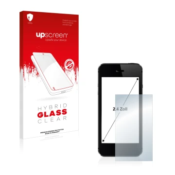 Face avant d’un emballage produit avec le logo de la marque upscreen. À côté, l’appareil est représenté avec la protection d’é