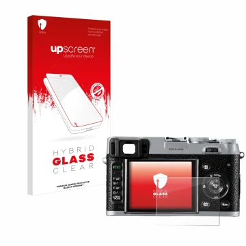 Face avant d’un emballage produit avec le logo de la marque upscreen. À côté, l’appareil Fujifilm FinePix X100 est représenté 
