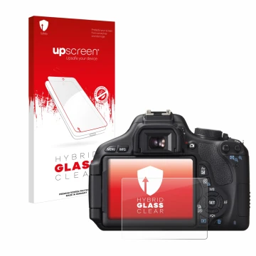 Face avant d’un emballage produit avec le logo de la marque upscreen. À côté, l’appareil Canon EOS 600D est représenté avec la