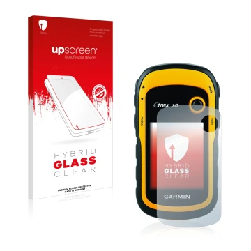 Face avant d’un emballage produit avec le logo de la marque upscreen. À côté, l’appareil Garmin eTrex 10 est représenté avec l