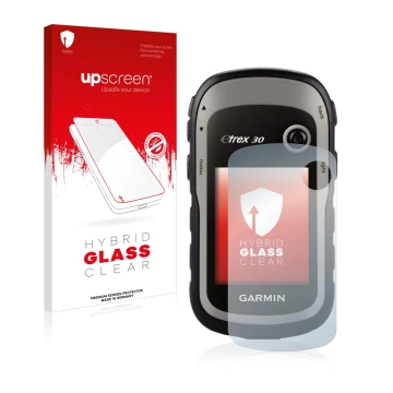Face avant d’un emballage produit avec le logo de la marque upscreen. À côté, l’appareil Garmin eTrex 30 est représenté avec l