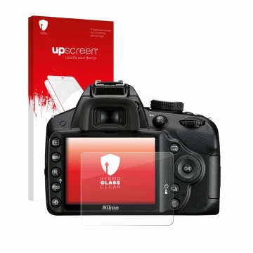 Face avant d’un emballage produit avec le logo de la marque upscreen. À côté, l’appareil Nikon D3200 est représenté avec la pr
