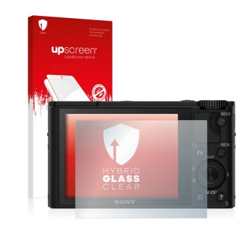 Face avant d’un emballage produit avec le logo de la marque upscreen. À côté, l’appareil Sony Cyber-Shot DSC-RX100 est représe