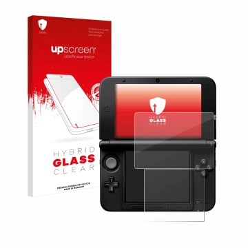 Face avant d’un emballage produit avec le logo de la marque upscreen. À côté, l’appareil Nintendo 3DS XL SPM7800 est représent