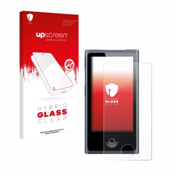 Face avant d’un emballage produit avec le logo de la marque upscreen. À côté, l’appareil Apple iPod nano 2012 (7ème Gen.) est 