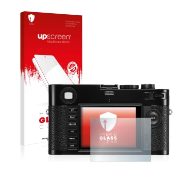 Face avant d’un emballage produit avec le logo de la marque upscreen. À côté, l’appareil Leica M (Typ 240) est représenté avec