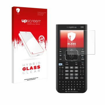 Face avant d’un emballage produit avec le logo de la marque upscreen. À côté, l’appareil Texas Instruments Nspire CX CAS est r