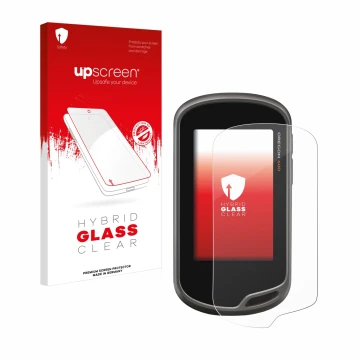 Face avant d’un emballage produit avec le logo de la marque upscreen. À côté, l’appareil Garmin Oregon 600 est représenté avec