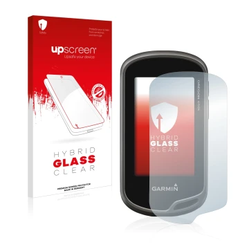 Face avant d’un emballage produit avec le logo de la marque upscreen. À côté, l’appareil Garmin Oregon 650t est représenté ave