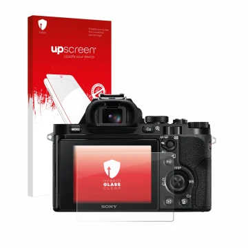 Face avant d’un emballage produit avec le logo de la marque upscreen. À côté, l’appareil Sony Alpha 7 (ILCE-7) est représenté 