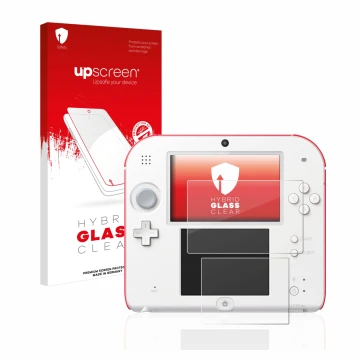 Face avant d’un emballage produit avec le logo de la marque upscreen. À côté, l’appareil Nintendo 2DS est représenté avec la p