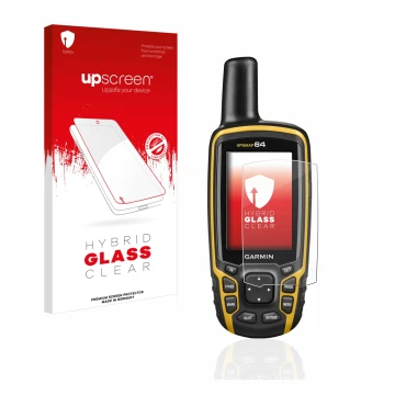 Face avant d’un emballage produit avec le logo de la marque upscreen. À côté, l’appareil Garmin GPSMAP 64 est représenté avec 