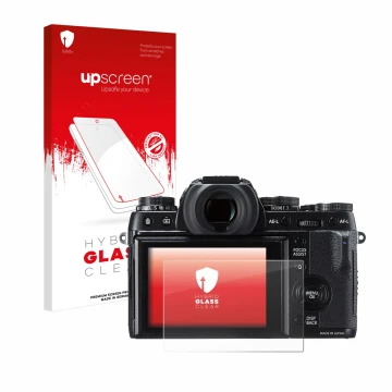 Face avant d’un emballage produit avec le logo de la marque upscreen. À côté, l’appareil Fujifilm X-T1 est représenté avec la 