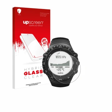 Face avant d’un emballage produit avec le logo de la marque upscreen. À côté, l’appareil Suunto Core Regular Black est représe
