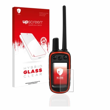 Face avant d’un emballage produit avec le logo de la marque upscreen. À côté, l’appareil Garmin Alpha 100 est représenté avec 