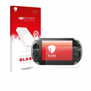 Face avant d’un emballage produit avec le logo de la marque upscreen. À côté, l’appareil Sony Playstation PS Vita Slim est rep