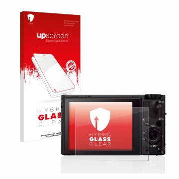 Face avant d’un emballage produit avec le logo de la marque upscreen. À côté, l’appareil Sony Cyber-Shot DSC-RX100 III est rep