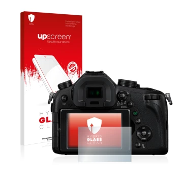 Face avant d’un emballage produit avec le logo de la marque upscreen. À côté, l’appareil Panasonic Lumix DMC-FZ1000 est représ