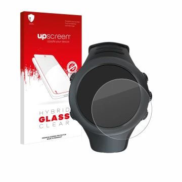 Face avant d’un emballage produit avec le logo de la marque upscreen. À côté, l’appareil Suunto Ambit3 Sport Black est représe