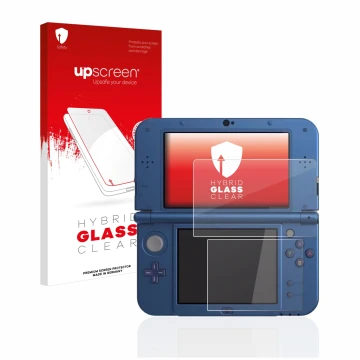 Face avant d’un emballage produit avec le logo de la marque upscreen. À côté, l’appareil Nintendo New 3DS XL est représenté av