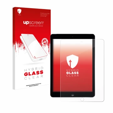 Face avant d’un emballage produit avec le logo de la marque upscreen. À côté, l’appareil Apple iPad Air 2 2014 est représenté 