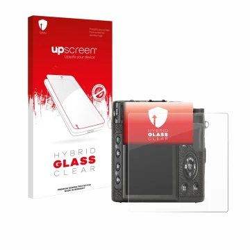 Face avant d’un emballage produit avec le logo de la marque upscreen. À côté, l’appareil Fujifilm X10 est représenté avec la p