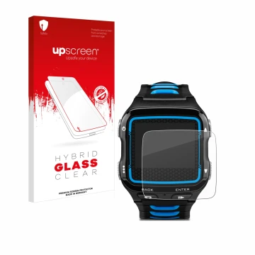 Face avant d’un emballage produit avec le logo de la marque upscreen. À côté, l’appareil Garmin Forerunner 920XT est représent